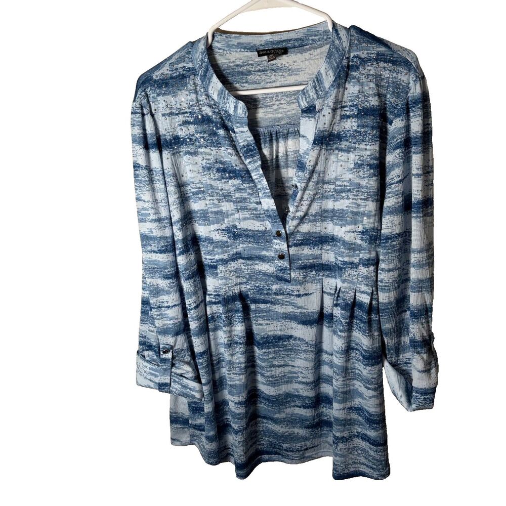 Ava & Grace Blouse Women's 2X Blue Printed Popover 3/4 Sleeve Shirt Button Top